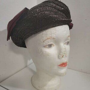 Vintage 1930's Burgundy Straw Hat with Burgundy Bow